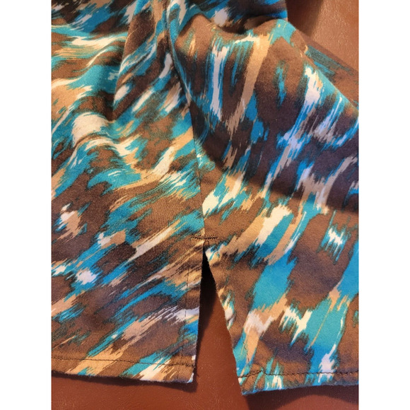 Chico's Additions Brown Teal Abstract Stretch Button Front Top Size 3 = XL (16) - Picture 6 of 11